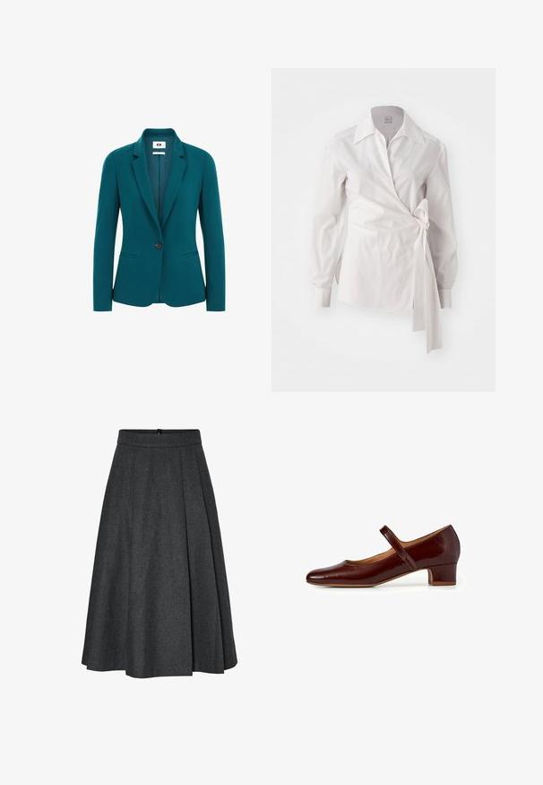 Teal blazer van een gladde stof, met een geknipt revers, enkele knoopsluiting, twee zijzakken en gestructureerde schouders.; Witte langmouwige wikkelblouse met een klassieke kraag en een zij knoopdetail op een effen achtergrond.; Donkergrijze knie-lange A-lijn rok met een tailleband en subtiele plooien aan de voorkant.; Mary Jane schoen in diep bordeaux patentleer, met een ronde neus, een lage blokhak en een verstelbare band over de wreef.