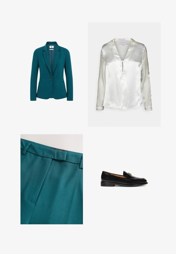 Blazer verde azulado de tejido suave, con solapas con muesca, cierre de un solo botón, dos bolsillos laterales y hombros estructurados.; STUDIO ID ALYSSA - Blusa - champagne; Pantalones de color verde azulado con una textura suave, diseño de frente plano, dos pinzas y cinturilla con trabillas para cinturón. Se observan detalles de costura.; Mocasín de cuero negro con punta redondeada, silueta esbelta y una correa decorativa con acento de hardware en la parte superior. Suela plana de goma.