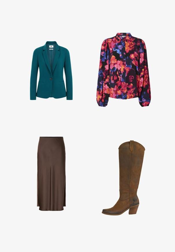 Teal blazer van een gladde stof, met een geknipt revers, enkele knoopsluiting, twee zijzakken en gestructureerde schouders.; Bloemenblouse met lange pofmouwen, met een mix van levendige kleuren: roze, oranje, blauw en een zwarte achtergrond. Met knoopsluiting bij de kraag.; Bruine satijnen rok met een rechte pasvorm, voorzien van zijsplitten voor een gemakkelijke bewegingsvrijheid en een gladde textuur in de stof.; Bruine leren kniehoge laars met een spitse neus, gebogen bovenkant en blokhak. Bevat een subtiele reliëfontwerp aan de buitenkant.