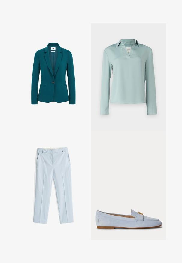Teal blazer lavet af glat stof, med spids krave, enkelt knaplukning, to sidelommer og strukturerede skuldre.; Calvin Klein Bluse - abyss; Lyseblå skrædderbukser med en glat tekstur, der har to sidelommer, en lynlåslukning og frontfolder for en struktureret silhuet.; Lyseblå ruskind lav sko med en let hæl og guldbeslag på toppen, vist fra siden på en hvid baggrund.
