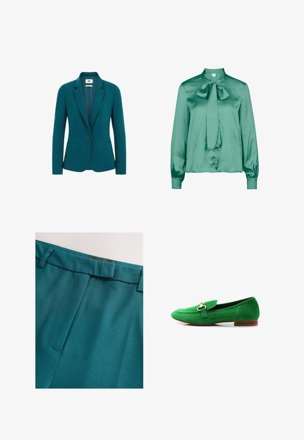 Tangerfarbener Blazer aus glattem Material, mit geschlitztem Revers, einreihiger Knopfschließe, zwei Seitentaschen und strukturierten Schultern.; Grüne Satinbluse mit Stehkragen und einer Schleifenakzent am Hals; lange Ärmel mit Knopfmanschetten; glatte Textur.; Türkisfarbene Hose mit glatter Textur, ausgestattet mit einem flachen Vorderteil, zwei Abnähern und einem Bund mit Gürtelschlaufen. Sichtbare Ziernähte.; Grüne Wildleder-Loafer mit runder Zehenform, flachem Absatz und einer dekorativen goldfarbenen Schnalle mit einem Riemenakzent. Glatte Textur und klassisches Design.