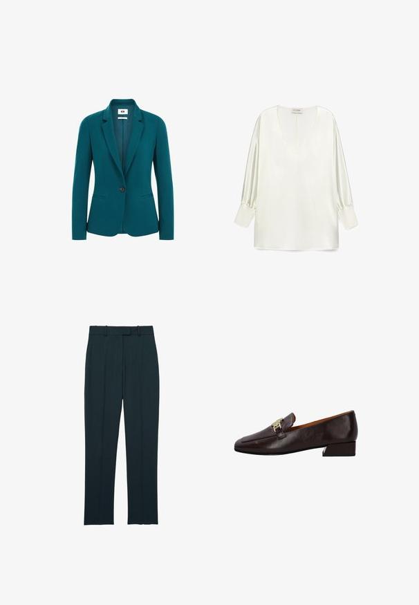 Teal blazer lavet af glat stof, med spids krave, enkelt knaplukning, to sidelommer og strukturerede skuldre.; Hvid satinbluse med en dyb V-hals, lange pufærmer og en lige kant. Stoffet har en glat, blank overflade.; Mørk marineblå skræddersyede formelle bukser med bæltestropper og en slank, lige pasform, vist fladt på en hvid baggrund.; Mørkebrune læder lave hælede loafers med en guldfarvet metaldetalje på toppen, firkantet tå og glat finish.