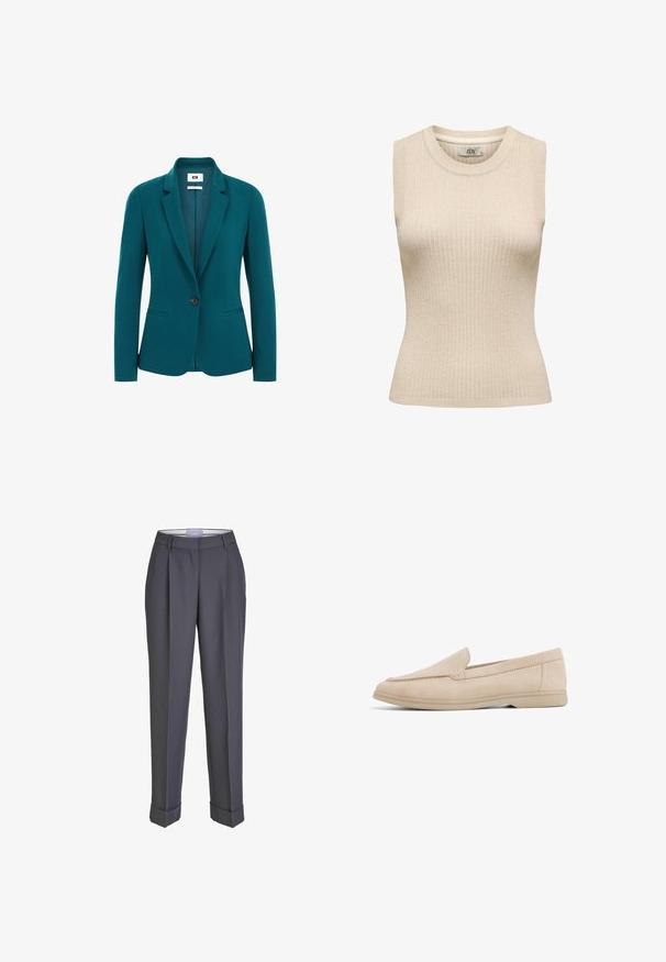 Teal blazer van een gladde stof, met een geknipt revers, enkele knoopsluiting, twee zijzakken en gestructureerde schouders.; Mouwloze beige ribgebreide top met ronde hals, aansluitende pasvorm en JDY merklabel aan de binnenkant van de kraag in maat small.; Donkergrijze op maat gemaakte broek met een recht gesneden ontwerp, geplooid voorpand en omslagmanchetten. Gemaakt van soepel materiaal, met een klassieke tailleband.; Beige suède loafers met een gladde textuur, een afgeronde neus en minimale stikdetails. Ze hebben een flexibele, lichtgekleurde zool.