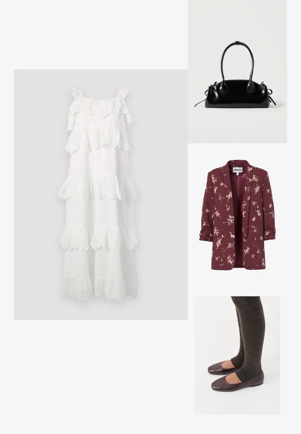 Blazer femenino burdeos con flores, mangas remangadas, delantero abierto y pequeños patrones de flores rosas y verdes por todo el tejido.; Vestido de algodón blanco con volantes en capas, detalles de encaje en las bordes, y tirantes ajustables. Diseño largo y fluido.; Bailarinas de charol burdeos con diseño de punta cuadrada, combinadas con calcetines de punto acanalado marrón oscuro que llegan a la mitad de la pantorrilla.; Pequeño bolso negro brillante con dos asas largas y detalles de cordón lateral sobre un fondo claro liso.