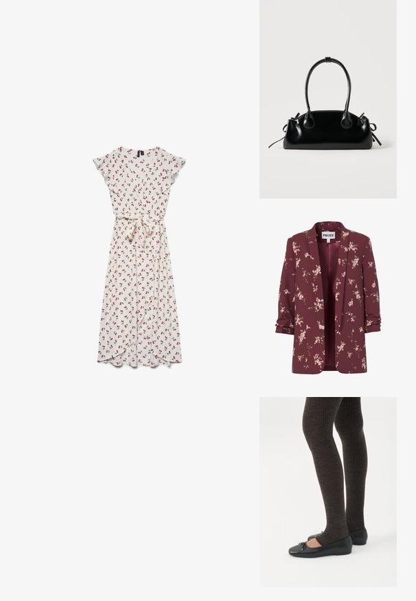 Veste pour femme couleur bordeaux à motif floral, manches retroussées, devant ouvert, avec petits motifs de fleurs roses et vertes sur l'ensemble.; Robe midi blanche portefeuille avec manches volantées, taille nouée et motif de cerises rouges sur toute la surface.; Jambes portant des leggings côtelés foncés associés à des ballerines noires avec de petits détails en nœud sur fond blanc.; Petit sac à main noir brillant avec deux longues anses et des détails à cordon sur les côtés sur un fond clair uni.