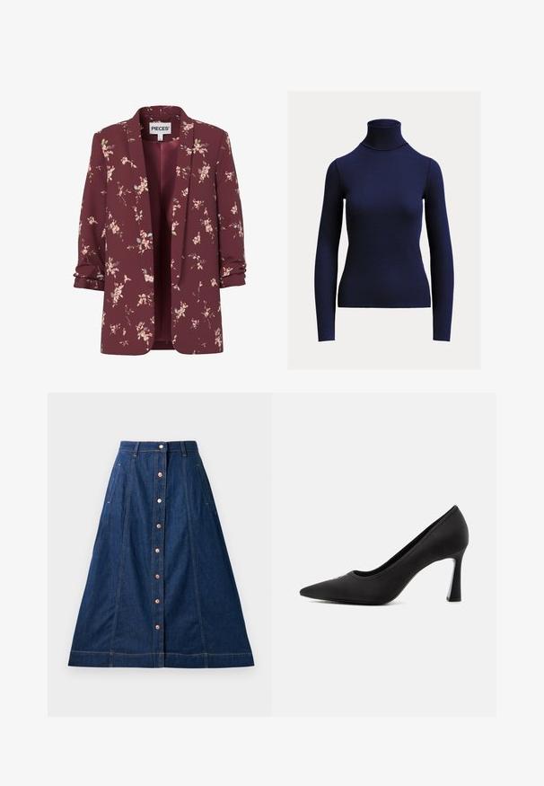 Damesblazer in bordeauxrood met bloemenprint, opgerolde mouwen, open voorkant en kleine roze en groene bloemenpatronen overal.; Marineblauwe geribde coltrui met lange mouwen en aansluitende pasvorm op een effen lichte achtergrond.; Donkerblauwe denim A-lijn rok met knoopsluiting aan de voorkant, met zakken, contrasterende stiksels en een lengte tot halverwege de kuit.; Zwarte pumps met spitse neus, een gladde afwerking en een slanke, gebogen hak tegen een effen lichte achtergrond.