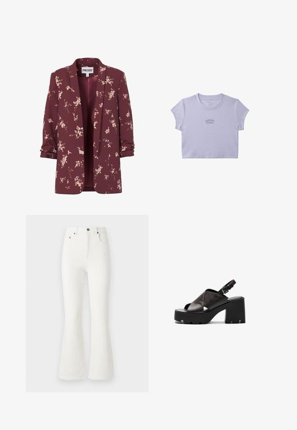 Damenblazer in Burgund mit floralem Muster, hochgekrempelten Ärmeln, offenem Vorderteil und kleinen pinken und grünen Blumenmustern überall.; Hellviolettes, kurz geschnittenes Ripp-T-Shirt mit kurzen Ärmeln und "Calvin Klein" in passendem Garn auf der Brust bestickt.; Weiße ausgestellte Jeans aus Denim. Hoch tailliertes Design mit vorderen Taschen und Knopfverschluss. Glatte Textur und minimale Nähdetails.; Schwarze Leder-Sandaletten mit hohem Absatz, klobigem Plateau, Kreuzsattel-Design, verstellbarem Schnallenverschluss und strukturiertem Sohlenbelag.