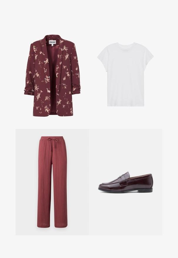 Blazer femenino burdeos con flores, mangas remangadas, delantero abierto y pequeños patrones de flores rosas y verdes por todo el tejido.; Camiseta blanca de manga corta con cuello redondo, corte relajado, hecha de suave tela de algodón. Textura lisa, sin estampados ni logotipos.; Pantalones de corte recto y holgado en tela texturizada de color rosa polvo con cintura elástica y cordón ajustable.; Mocasines de cuero burdeos con un diseño elegante, puntera redondeada y una correa decorativa en el empeine. Suela plana de goma.