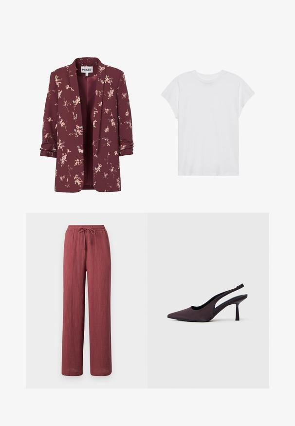 Dameblazer i bourgogne med blomsterprint, med opkrogede ærmer, åben front og små rosa og grønne blomster over det hele.; Hvid kortærmet t-shirt med rund hals, afslappet pasform, lavet af blødt bomuldsstof. Glat tekstur, ingen mønstre eller logoer.; Løse, lige bukser i struktureret støvet rosa stof med elastisk talje og justerbar snøre.; Slingback sko med hæl i mørk lilla stof. Spids tå-design, åbne sider og en slank, firkantet hæl. Glat tekstur.