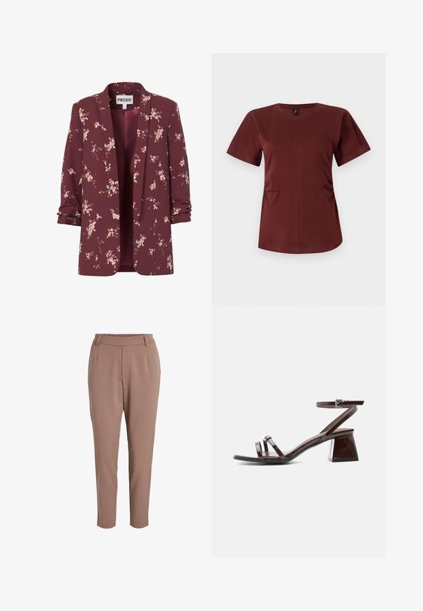Blazer femenino burdeos con flores, mangas remangadas, delantero abierto y pequeños patrones de flores rosas y verdes por todo el tejido.; Camiseta de manga corta burdeos hecha de algodón suave. Presenta un cuello redondo y sutiles fruncidos laterales para dar forma. Textura suave.; Pantalones marrones, ajustados y de textura suave, con una amplia cinturilla elástica y dos bolsillos frontales. Diseño de pierna estrecha.; Sandalia de charol marrón oscuro con tacón bloque, tira en el tobillo con hebilla y dos tiras finas sobre los dedos, sobre fondo blanco.
