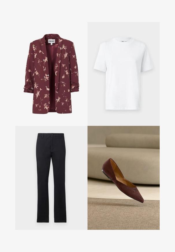 Dameblazer i bourgogne med blomsterprint, med opkrogede ærmer, åben front og små rosa og grønne blomster over det hele.; Hvid bomulds T-shirt med rund hals, kortærmet og en glat tekstur. Designet med en afslappet pasform for komfort og alsidighed.; Sorte lige bukser med bæltestropper, forsideknap og lynlås, præsenteret mod en ensfarvet hvid baggrund.; Mørkebrune ruskinds flade sko med spids tå, svævende over beige tæppe med en beige sofa i baggrunden.