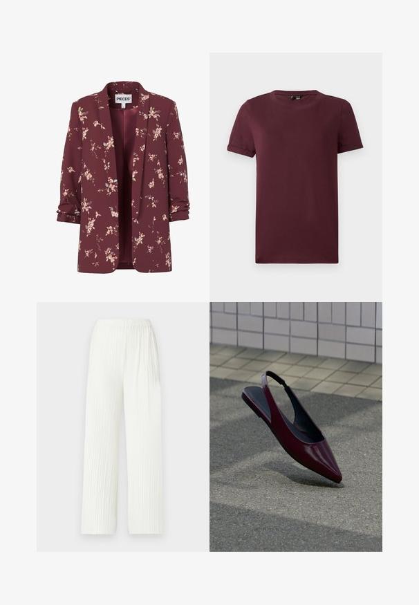 Blazer femenino burdeos con flores, mangas remangadas, delantero abierto y pequeños patrones de flores rosas y verdes por todo el tejido.; Camiseta burdeos de algodón suave, con cuello redondo, mangas cortas y un corte relajado, con una textura lisa y sin patrones visibles.; Pantalones anchos plisados de color blanco con cintura elástica. Hechos de una tela ligera, presentan rayas verticales y un ajuste fluido.; Zapato plano tipo slingback de charol burdeos con punta puntiaguda flotando sobre un pavimento texturizado cerca de una pared con azulejos.
