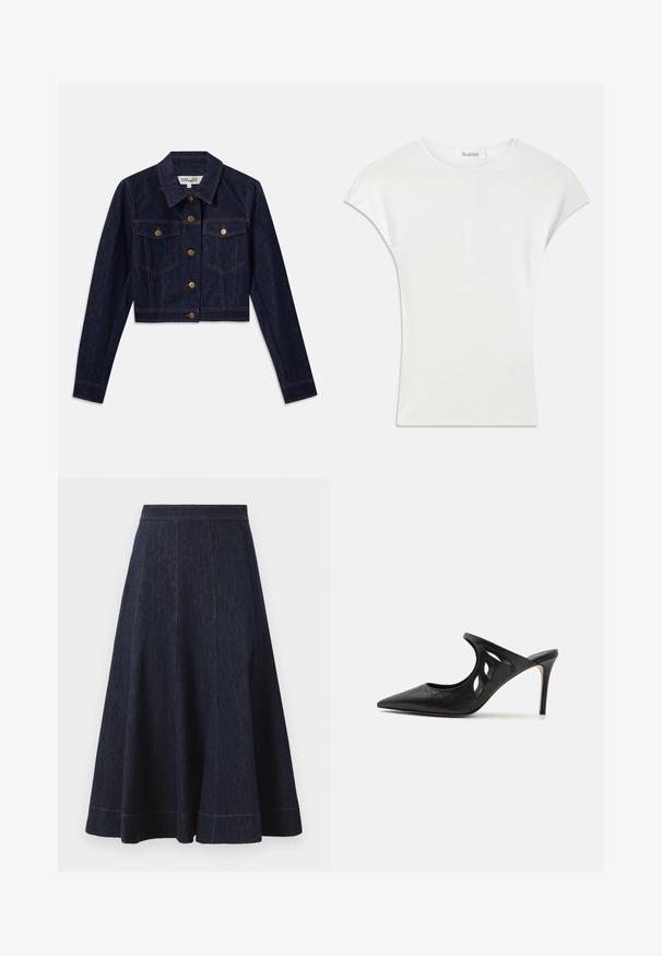 Mørk denim cropped jakke med lange ærmer, guldknapper, to brystlommer og kontrastsyninger. Klassisk krave og struktureret design.; Hvid kortærmet skjorte lavet af blød, ribbet stof. Rund hals; afslappet pasform med lette cap-ærmer. Mærkeetikette synlig ved halsudskæringen.; Mørkeblå denimnederdel med en flagrende silhuet, der har vertikale syninger og kontrasterende orange syninger langs kanten.; Sorte læder højhælede mules med spids tå, udskåret sideskærm og glat tekstur. Stiletthæl og subtil syning.