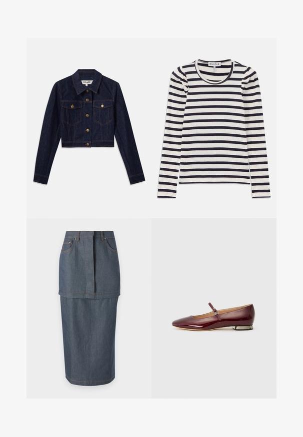 Mørk denim cropped jakke med lange ærmer, guldknapper, to brystlommer og kontrastsyninger. Klassisk krave og struktureret design.; Langærmet ribbet top med horisontale navy og hvide striber; har en rund halsudskæring og sammenrullet detaljer ved skuldrene.; Jeanskjorte i en mørkeblå nuance, med forlommer, en tætsiddende talje og en knælængde, prydet med kontraststing.; Bordeaux patentlæder flad sko med en afrundet tå, en rem over vampsen og en lav hæl med metalaccenter. Glat tekstur.
