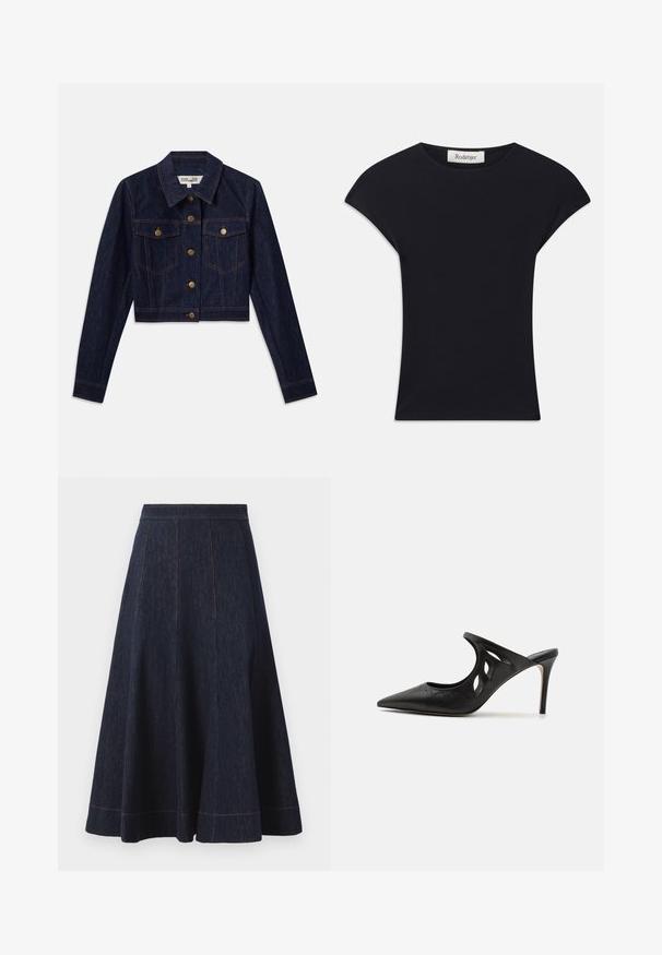 Mørk denim cropped jakke med lange ærmer, guldknapper, to brystlommer og kontrastsyninger. Klassisk krave og struktureret design.; Sort kortærmet top lavet af blødt stof, med rund halsudskæring og en tætsiddende form med diskrete skulderdetaljer. Mærke synligt.; Mørkeblå denimnederdel med en flagrende silhuet, der har vertikale syninger og kontrasterende orange syninger langs kanten.; Sorte læder højhælede mules med spids tå, udskåret sideskærm og glat tekstur. Stiletthæl og subtil syning.