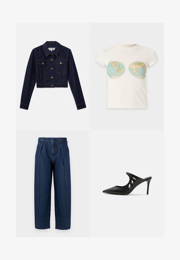Mørk denim cropped jakke med lange ærmer, guldknapper, to brystlommer og kontrastsyninger. Klassisk krave og struktureret design.; Hvid t-shirt med korte ærmer med to vintage-inspirerede verdenskorttryk placeret på brystområdet.; Højtaljede, vidde-benet mørkeblå jeans i denim med frontplisseringer og bæltestropper, vist på en ensfarvet hvid baggrund.; Sorte læder højhælede mules med spids tå, udskåret sideskærm og glat tekstur. Stiletthæl og subtil syning.