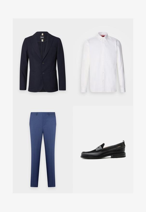 Blazer azul marino para hombre con solapas con muesca, dos bolsillos delanteros de parche, dos botones y un pequeño bolsillo en el pecho, etiquetado como "BOSS" en el interior del cuello.; Camisa blanca de manga larga hecha de algodón, con un collar clásico, placket frontal con botones y una textura suave. Detalle interior del collar en rojo.; Pantalones de vestir para hombre en azul, ajustados, con trabillas para cinturón, cremallera en la parte delantera y detalles de plisado, exhibidos sobre un fondo blanco.; Mocasín de cuero negro con detalle de tira gris, tacón bajo y suela texturizada, con la marca "HUGO" en oro en el lateral.