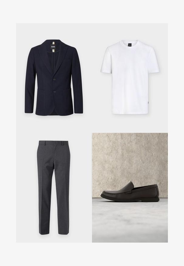 Marineblauer Herrenblazer mit Kerbklappen, zwei aufgesetzten Fronttaschen, zwei Knöpfen und einer kleinen Brusttasche, innen am Kragen mit "BOSS" beschriftet.; Schlichtes weißes T-Shirt mit kurzen Ärmeln und Rundhalsausschnitt, mit einem kleinen schwarzen Markenetikett am Kragen und dezenter Stoffstruktur.; Grau maßgeschneiderte Hose mit strukturiertem Finish, flacher Vorderseite und geradem Bein. Verfügt über Seitentaschen und Gürtelschlaufen.; Dunkelbraune Lederloafer mit einer runden Zehenpartie, dezenten Nähdetails und einer niedrigen Gummisohle. Glatte Textur mit flexibler Passform.