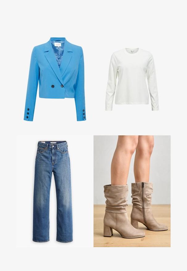 Gecombineerde blauwe blazer met een gladde textuur, voorzien van een gelapte kraag, een dubbel-breasted voorkant en zwarte knopenaccenten.; Effen wit shirt met lange mouwen en ronde hals, met een rechte zoom en nauwsluitende mouwen, getoond op een neutrale achtergrond.; Lichtblauwe spijkerbroek met een hoge taille, brede pijpen, klassieke vijfzakkenstijl en subtiele vervaging in de stof.; Beige suède enkellaarsjes met een losse uitstraling, een zijrits en een blokhak. Deze laarsjes hebben een gladde textuur, een ronde neus en minimale details.