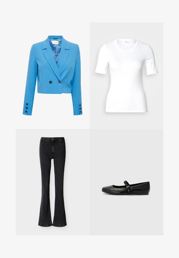Blazer azul corto con una textura suave, que presenta un cuello con muesca, un frente de doble botonadura y acentos de botones negros.; Camiseta blanca de manga corta hecha de algodón liso, con escote redondo y forma ajustada. Diseño clásico, sin estampados ni adornos.; Pantalones vaqueros negros de talle alto y corte acampanado, con bolsillos delanteros, trabillas para cinturón, cierre de botón y costuras visibles sobre un fondo liso y claro.; Bailarinas de cuero negro con punta redondeada, suela plana y una delgada correa ajustable en el empeine que cuenta con una hebilla de metal.