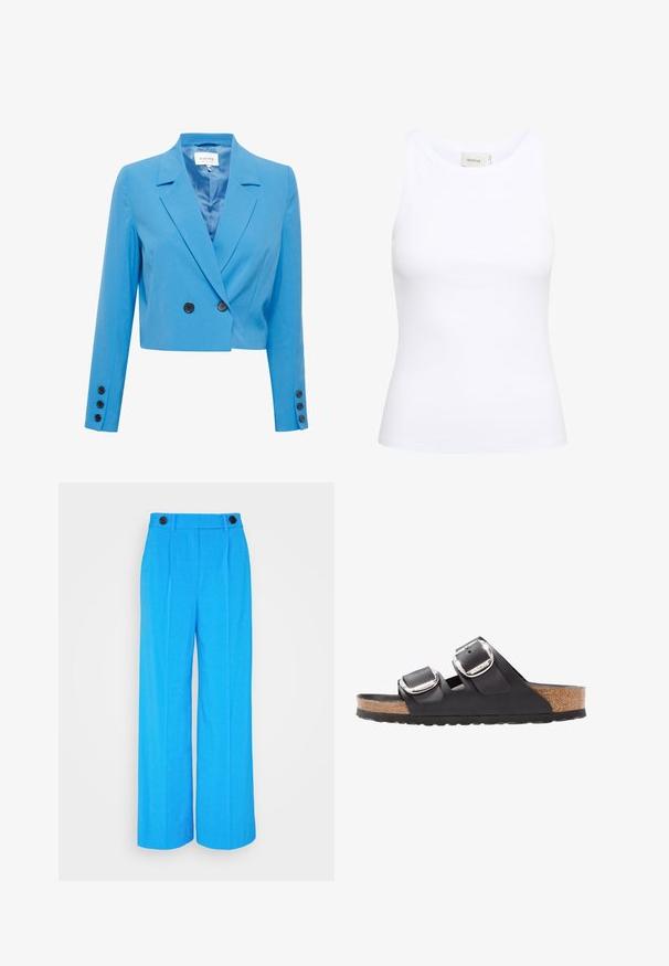 Blazer azul corto con una textura suave, que presenta un cuello con muesca, un frente de doble botonadura y acentos de botones negros.; Top sin mangas de canalé blanco con escote redondo. Tejido elástico y diseño ajustado. La etiqueta en la parte posterior dice "GESTUZ."; Pantalones amplios de color azul brillante con pliegues frontales marcados, dos botones negros en la cintura y una textura de tela suave.; Sandal negra con dos correas ajustables, hebillas de plata y una plantilla de corcho sobre una suela de goma negra texturizada.