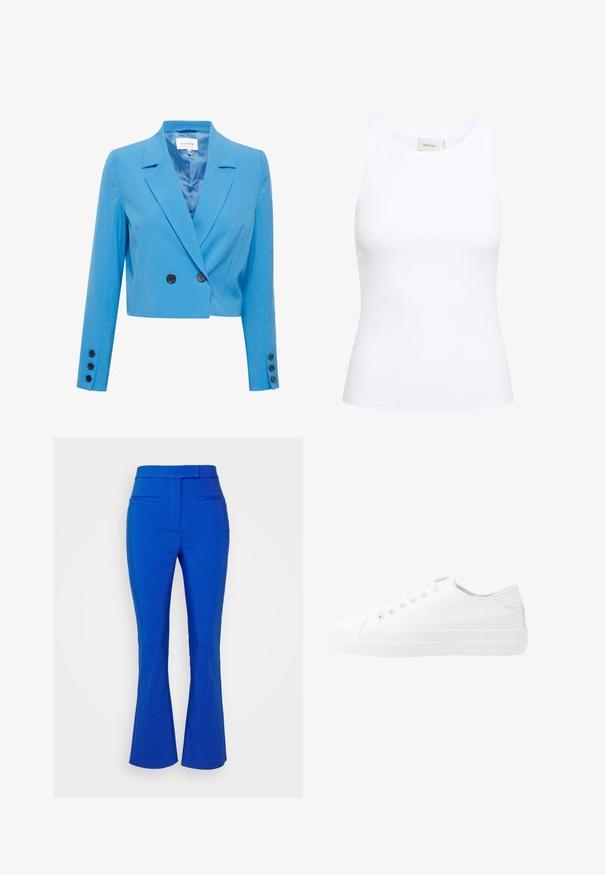 Klippe blå blazer med en glat tekstur, der har en spids krave, dobbeltradet front og sorte knapdetaljer.; Hvid ribbet tanktop med rund halsudskæring og uden ærmer. Strækbart stof og tætsiddende design. Etiketten bagpå viser "GESTUZ."; b.young BYDELONA PANTS - Bukser - nautical blue; Hvide kanvas sneakers med lavt design, rund tå, seks snørehuller og en struktureret gummisål. Glat materiale med minimale detaljer.