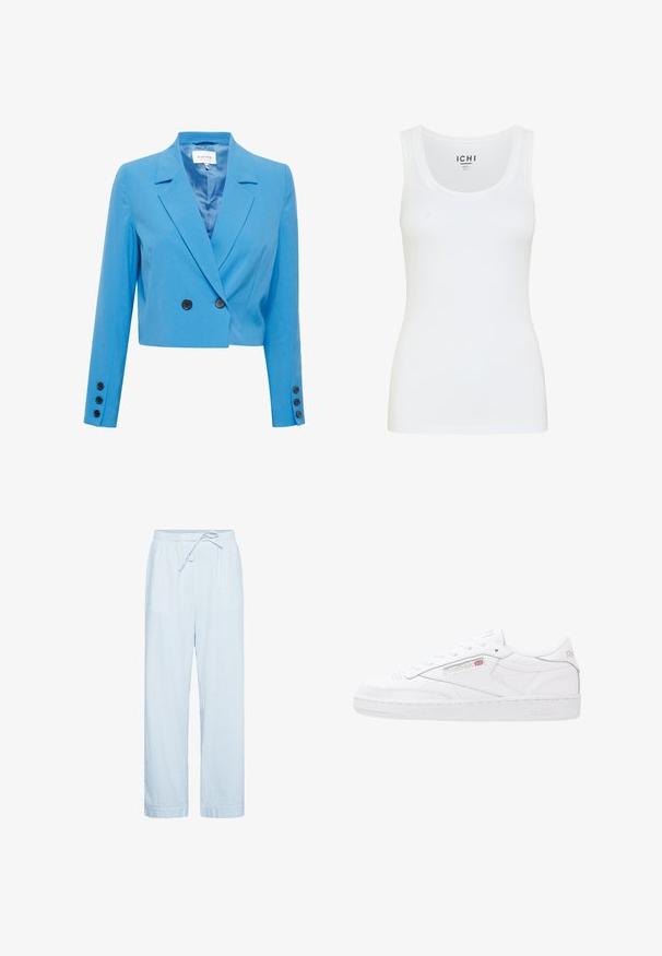 Blazer azul corto con una textura suave, que presenta un cuello con muesca, un frente de doble botonadura y acentos de botones negros.; Top sin mangas blanco hecho de tela suave. Presenta un escote redondo y tirantes anchos. Diseño ligeramente ajustado sin patrones visibles ni adornos.; Pantalones de pijama con cordón, a rayas azul claro y blancas, de corte holgado y dobladillos ajustados.; Zapatillas de cuero blanco con un diseño de corte bajo, cierre de cordones, paneles laterales texturizados y logotipo de Reebok en relieve. Suela de goma.