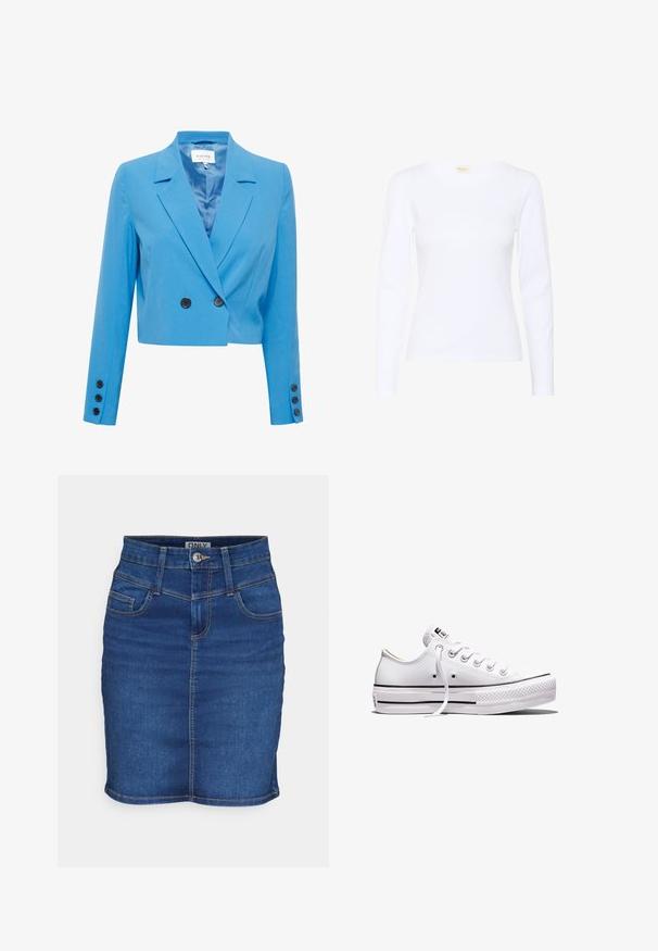 Blazer azul corto con una textura suave, que presenta un cuello con muesca, un frente de doble botonadura y acentos de botones negros.; Top de manga larga blanco hecho de algodón suave, con cuello redondo y diseño ajustado. Textura suave y detalles de costura mínimos.; Falda de mezclilla en azul oscuro con un diseño ajustado. Cuenta con cinco bolsillos, un cierre de botón y costuras en contraste a lo largo de las costuras.; Zapatilla blanca de lona de corte bajo con cordones blancos, suela de goma, detalles de rayas negras y parche de logo en la lengüeta y el talón.