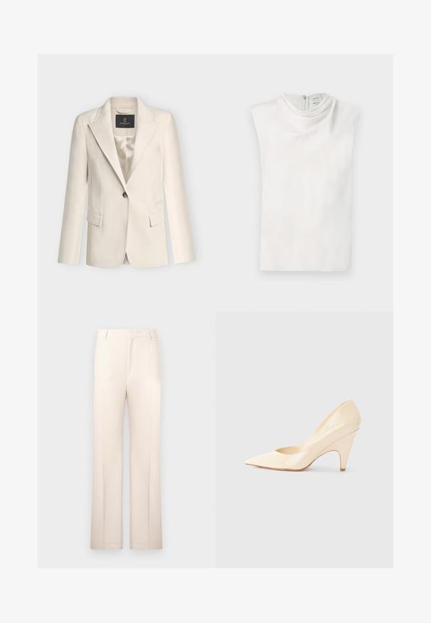 Blazer cintré couleur crème avec fermeture à un bouton, revers crantés, poches à rabat et doublure satinée lisse.; Haut blanc sans manches avec un col montant et une fermeture éclair au dos, présenté à plat sur un fond blanc.; Pantalons beige ajustés avec une coupe droite, fabriqués en tissu léger. Dotés de plis avant et d'une taille classique.; Escarpin en cuir verni beige à talon aiguille, avec un bout pointu et un talon effilé, affichant une finition lisse et brillante ainsi qu'une silhouette épurée.