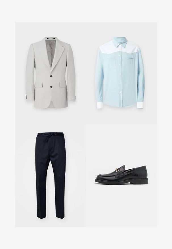 Lichtgrijze linnenjas met notch-lapel, twee knopen, twee voorzakken en zwarte knoopaccenten. Soepele textuur overal.; Lichtblauw overhemd met knopen, witte schouderbies en manchetten, puntige kraag en twee horizontale borstzakken met pijlvormige stiksels.; Marineblauwe, lichtgewicht broek met een elastische tailleband, verstelbare trekkoord en rechte benen. Gladde textuur, geen zichtbare patronen of accenten.; Zwarte leren instappers met een ronde neus, voorzien van een gouden hardware accent en stikdetails, geplaatst op een lage, getextureerde rubberen zool.