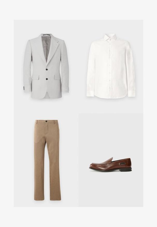 Chaqueta de traje de lino gris claro con solapa muesca, dos botones, dos bolsillos frontales y detalles de botones negros. Textura suave en toda la prenda.; Camisa blanca de manga larga hecha de tela suave. Cuenta con un collar de punta, cierre frontal con botones y un dobladillo redondeado. Sin patrones visibles.; Pantalones marrones ajustados, hechos de una tela texturizada con corte recto, que cuentan con un cierre de botón en la parte frontal y bolsillos laterales.; Stuart Weitzman BURT - Zapatos sin cordones - auburn