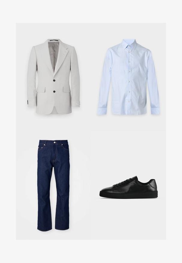 Lys grå linnedragtjakke med notched lapel, to knapper, to forlommer og sorte knapdetaljer. Glat tekstur over det hele.; Lyseblå langærmet skjorte med knapper og spidst krave vist på en ensfarvet baggrund.; Mørkeblå denimjeans med lige pasform. Funktionen inkluderer fem lommer, orange syninger og en metalknaplukning i taljen.; Svært lavprofileret sort lædersneaker med snørebånd foran og tekstureret flad sål, vist fra siden på en neutral baggrund.