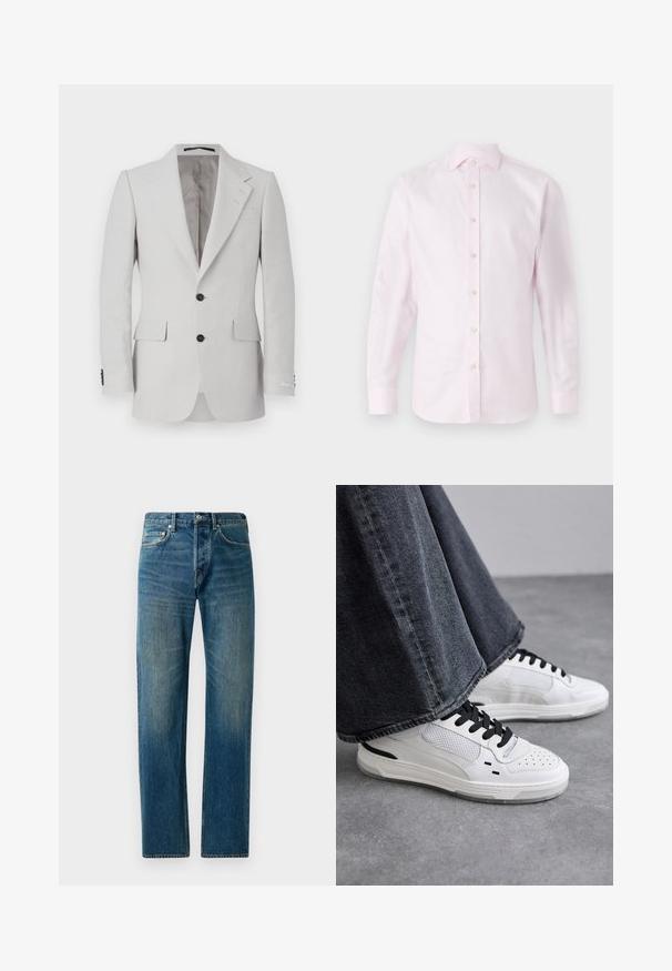 Lichtgrijze linnenjas met notch-lapel, twee knopen, twee voorzakken en zwarte knoopaccenten. Soepele textuur overal.; Rosa langemouwshirt van gladde stof; heeft een knoopsluiting aan de voorkant met witte knopen en een klassieke kraag.; Blauwe denim jeans met een recht gesneden ontwerp, voorzien van een vijf-pocketstijl, subtiele vervaging en contrasterende stikselaccenten.; Witte sneakers met zwarte veters en mesh-details. Beschikt over een gladde leren bovenkant en een gestructureerde rubberen zool. Gepaard met brede grijze jeans.