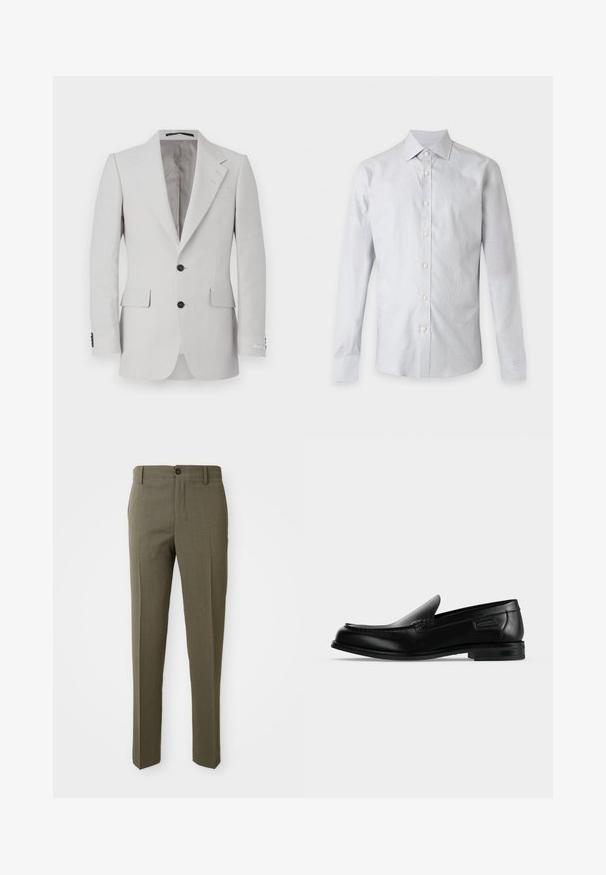 Chaqueta de traje de lino gris claro con solapa muesca, dos botones, dos bolsillos frontales y detalles de botones negros. Textura suave en toda la prenda.; Camisa de manga larga de color gris claro con botones y cuello, mostrada de frente sobre un fondo blanco liso.; Pantalones ajustados color verde oliva con una textura suave, diseño de pierna recta, un botón frontal y bolsillos laterales para mayor funcionalidad.; Mocasín negro de cuero tipo slip-on con tacón bajo, punta redondeada y costura decorativa a lo largo del borde superior.
