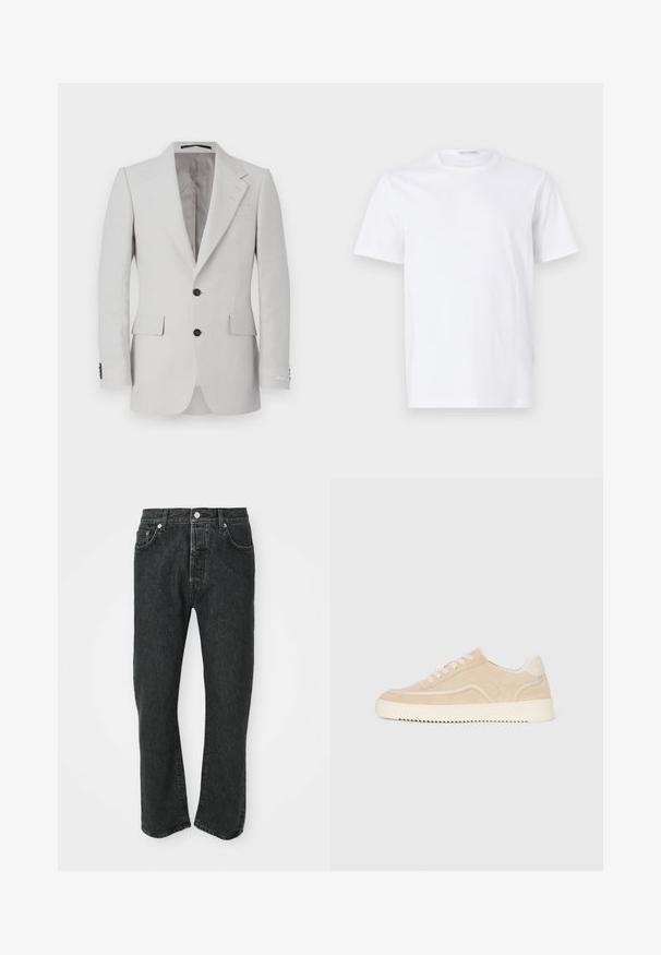 Lys grå linnedragtjakke med notched lapel, to knapper, to forlommer og sorte knapdetaljer. Glat tekstur over det hele.; Hvid bomulds t-shirt med rund halsudskæring og korte ærmer. Glat tekstur, lige snit og minimalistisk design uden mønstre eller accenter.; Sorte lige bukser i denim med frontknap og lynlås, front- og baglommer synlige på en hvid baggrund.; Beige ruskinds sneakers med hvid sål og snørebånd, lavtop design og zigzag mønster på sålen.