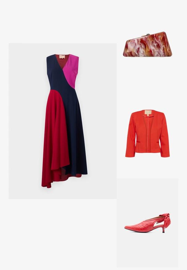 Rød letvægtsblazer med en tætsiddende form, åben front, lange ærmer og to små forlommer. Glat tekstur og standardkrave.; Roksanda MIRAL DRESS - Cocktailkjole / festkjole - fuchsia/crimson/navy; Rød lædersko med lav hæl, spids snude, broderet overlæder, sideskæring og stor sløjfedetalje på hælen.; Clutch-taske med trapezform, der har et hvirvlende mønster i rød, hvid og guld, der ligner marmor, og sølvlås på toppen.