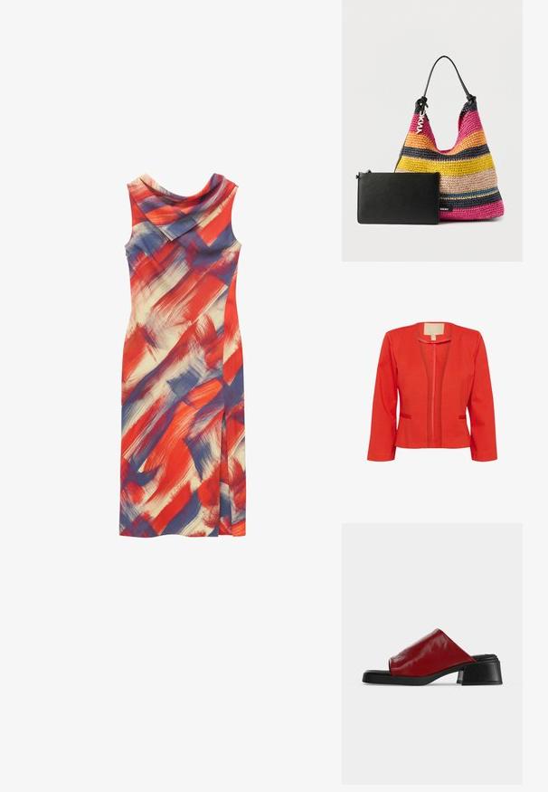 Blazer léger rouge avec une coupe ajustée, devant ouvert, manches longues et deux petites poches avant. Texture lisse et col standard.; Robe midi sans manches avec imprimé abstrait de coups de pinceau rouges, bleus et beiges et détail d'encolure asymétrique pliée.; Mule en cuir rouge à bout ouvert avec talon bloc noir et semelle, vue de côté sur un fond clair uni.; Sac bandoulière tissé à rayures colorées avec poignée en cuir noir et pochette rectangulaire noire attachée avec fermeture éclair et logo DKNY.