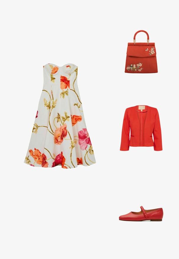 Rød letvægtsblazer med en tætsiddende form, åben front, lange ærmer og to små forlommer. Glat tekstur og standardkrave.; Hvid stropløs midikjole med print af blomster i pink, rød og orange samt grønne blade og vinstokke.; Røde læder Mary Jane flade sko med en rund tå, flad hæl og en enkelt velcro-rem over vristen. Glat tekstur, minimalistisk design.; Rød ruskinds håndtaske med en struktureret form, udstyret med et hanke og guldfarvet hardware. Broderede blomster- og fuglemotiver på forsiden.