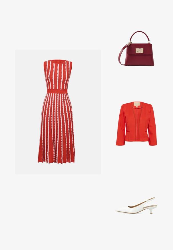 Blazer léger rouge avec une coupe ajustée, devant ouvert, manches longues et deux petites poches avant. Texture lisse et col standard.; Robe sans manches rayée rouge et blanche, avec un corsage ajusté, une jupe évasée, une texture côtelée et des accents en forme de vagues le long des rayures.; Escarpin en cuir verni blanc avec un bout pointu, doté d'un petit talon carré et d'un détail découpé à l'arrière. Texture lisse.; Sac à main en cuir bordeaux avec poignée supérieure incurvée, bandoulière amovible et fermoir rectangulaire doré sur le rabat avant.