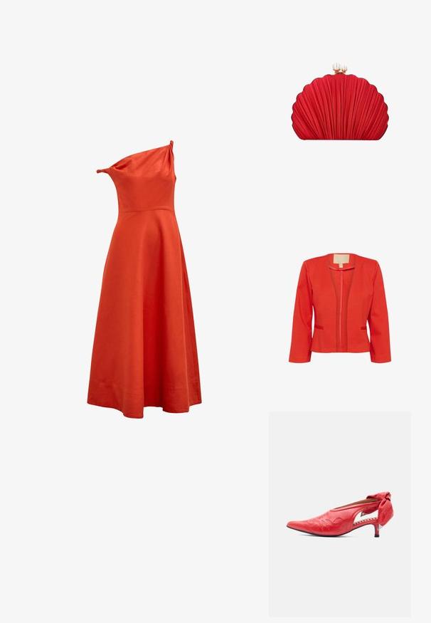 Rød letvægtsblazer med en tætsiddende form, åben front, lange ærmer og to små forlommer. Glat tekstur og standardkrave.; Ærmeløs rød-orange midikjole med asymmetrisk skulderudskæring og udvidet A-formet nederdel.; Rød lædersko med lav hæl, spids snude, broderet overlæder, sideskæring og stor sløjfedetalje på hælen.; Rød clutch-taske i form af en muslingeskal med plisseret tekstur og to perle-lignende låse på toppen.