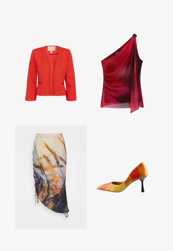 Rote leichte Blazerjacke mit taillierter Passform, offenem Vorderteil, langen Ärmeln und zwei kleinen Fronttaschen. Glatte Textur und klassischer Kragen.; Asymmetrisches rotes Top aus leichtem, transparentem Stoff. Verfügt über ein gerafftes Seitendesign mit Drapierung und einem Knoten-Detail auf einer Schulter.; Materiel DIAGONAL GATHERED SKIRT - Bleistiftrock - golden hour; Mehrfarbige Leder-Pumpe mit hohen Absätzen, spitz zulaufender Zehenpartie, strukturierter Silhouette und kontrastierenden horizontalen Streifen in Rot, Orange und Gelb.