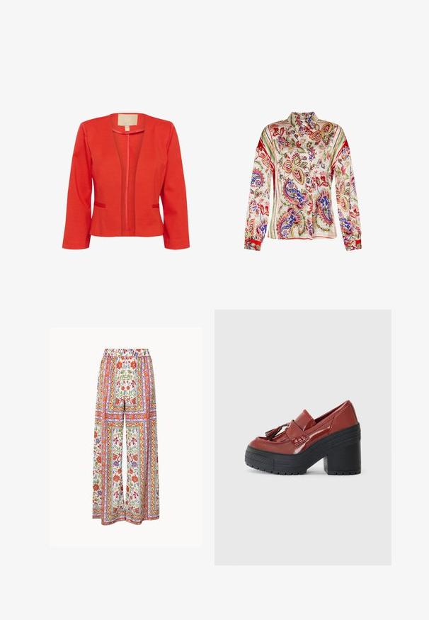 Rote leichte Blazerjacke mit taillierter Passform, offenem Vorderteil, langen Ärmeln und zwei kleinen Fronttaschen. Glatte Textur und klassischer Kragen.; Langärmliges Hemd zum Knöpfen mit bunten Blumen- und Paisley-Mustern in Rot-, Blau-, Grün- und Beigetönen auf hellem Hintergrund.; Hosen mit weitem Bein und elastischem Bund, mit einem mehrfarbigen Blumen- und geometrischen Schal-Muster in Orange, Lila, Rot, Grün und Gelb.; Converse CHUCK 70 DE LUXE HEEL LOAFER PLATFORM PATENT LEATHER - Plateaupumps - rottin apple/rottin apple