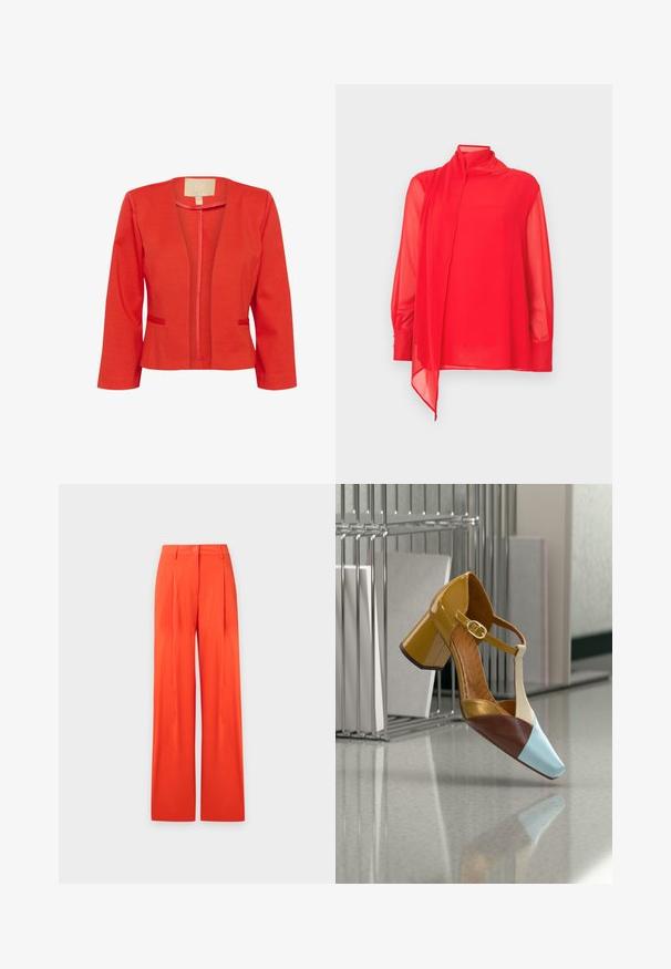 Červený ľahký blazer s priliehavým strihom, otvoreným predným dielom, dlhými rukávmi a dvoma malými prednými vreckami. Hladká textura a štandardný golier.; Červená priehľadná blúzka s vysokým golierom a dlhými rukávmi. Má bežec z látky a manžety so gombíkmi. Strihaná na mieru.; Vysoký pás, široké nohavice, jasne oranžové nohavice s gombíkovým zapínaním a prednými záhybmi na jednoliatom svetlom pozadí.; Farebná dámska topánka na vysokom opätku s použitím žltej, hnedej, modrej a zlatej lakovanej kože, so štvorcovou špičkou a remienkom na členok. Povrch je lesklý.