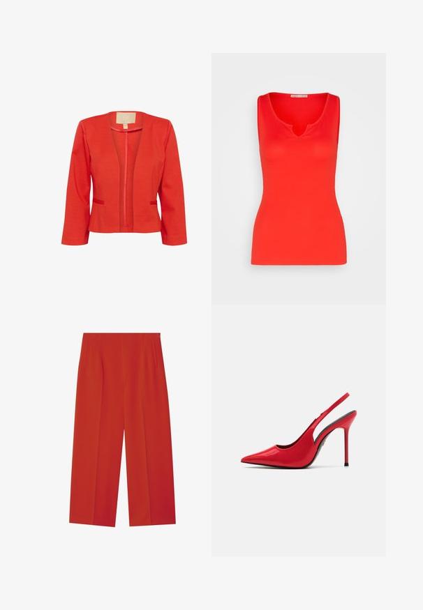 Rote leichte Blazerjacke mit taillierter Passform, offenem Vorderteil, langen Ärmeln und zwei kleinen Fronttaschen. Glatte Textur und klassischer Kragen.; Anna Field by Zalando Top - red; Rote weite Überhosen mit glatter Textur, ausgestattet mit seitlichen Taschen und einer maßgeschneiderten Passform. Saubere Linien und keine sichtbaren Verschlüsse.; ALDO PUCKERUP - High Heel Pumps - red