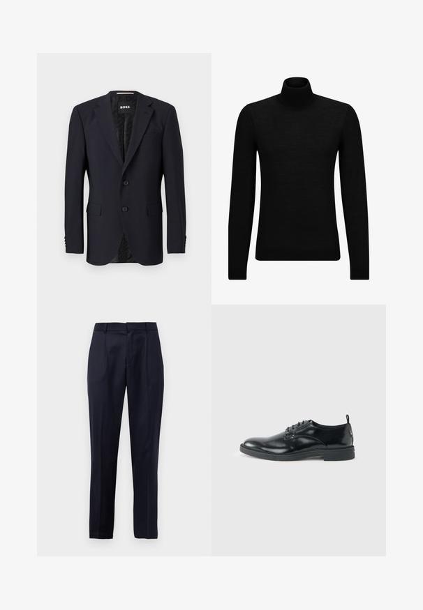Blazer bleu marine en tissu texturé, avec une fermeture à deux boutons, des revers crantés et deux poches avant. Intérieur doublé avec un motif.; Pull à col roulé noir en matériau doux, avec des manches longues et une coupe ajustée. Finition côtelée au bas et aux poignets. Design simple.; Pantalon de costume bleu marine avec plis sur le devant, passants de ceinture et une coupe effilée, sur fond blanc.; Chaussure habillée en cuir noir brillant avec un petit talon, fermeture à lacets et bout rond, vue de côté sur un fond uni et clair.