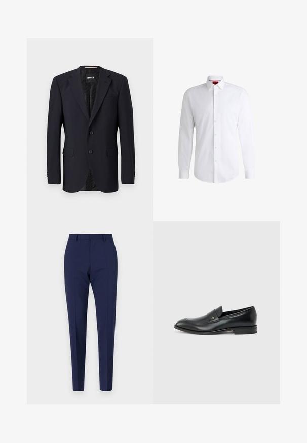 Námornícky modrý blazer vyrobený z texturovanej látky, so zapínaním na dva gombíky, klopovými goliermi a dvomi prednými vreckami. Podšívka s vzorom.; Biela košeľa na gombíky vyrobená z hladkej látky s klasickým golierom, dlhými rukávmi a zaobleným lemom. Má béžové gombíky na prednej strane.; Námornícky modré upravené nohavice s úzkym strihom, s hladkou textúrou, plochým predným dielom a skladanými nohavicami. Bez viditeľných vreciek alebo ozdôb.; Pánska mokasína z čiernej kože s nízkym podpätkom, zaoblenou špičkou a malým kovovým logom na remienku, zobrazená z profilu na jednofarebnom pozadí.