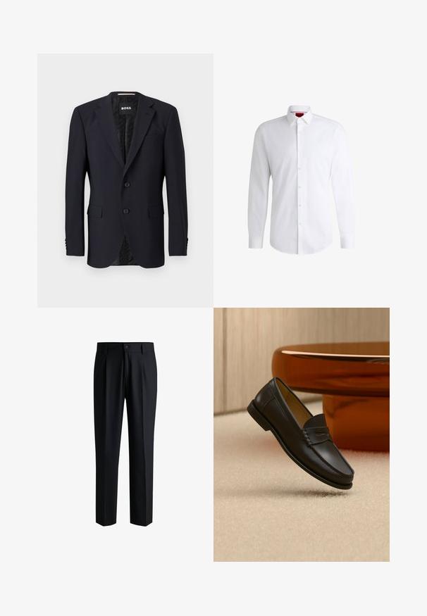 Blazer bleu marine en tissu texturé, avec une fermeture à deux boutons, des revers crantés et deux poches avant. Intérieur doublé avec un motif.; Chemise blanche à manches longues en tissu lisse avec un col classique et un ourlet arrondi. Présente des boutons beiges à l'avant.; Pantalons noirs en tissu lisse, avec une coupe droite, des plis à l'avant et une fermeture à bouton avec passants de ceinture.; Chaussure mocassin en cuir noir suspendue au-dessus d’un tapis beige avec du mobilier moderne couleur ambre en arrière-plan.