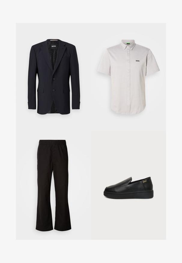 Marineblå blazer lavet af tekstureret stof, med en to-knaps lukning, klippede revers og to frontlommer. Foring med mønster.; Kortærmet, lysegrå poloshirt lavet af tekstureret stof, med en skjortekrave med knapper, knapper foran og et lille sort logo.; Sorte bukser med elastisk talje og n tapered form, lavet af glat bomuldsstof. Har et enkelt design og lige benåbninger.; Sort læder slip-on sko med tyk sål og små sideventilationshuller, med gulddetalje "HUGO" logo nær hælen.