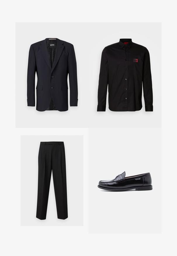 Marineblå blazer lavet af tekstureret stof, med en to-knaps lukning, klippede revers og to frontlommer. Foring med mønster.; Sort langærmet skjorte lavet af glat stof, med knaplukning, klassisk krave og en lille rød mærke-patch på brystet.; Sorte skræddersyede bukser med lige ben, plisseringer ved taljen, bæltestropper og sidelommer med slidser, vist på en enkel baggrund.; Sorte læderloafer med en blank finish, der har et syet mønster på tåen og en lav, tekstureret sort gummisål.