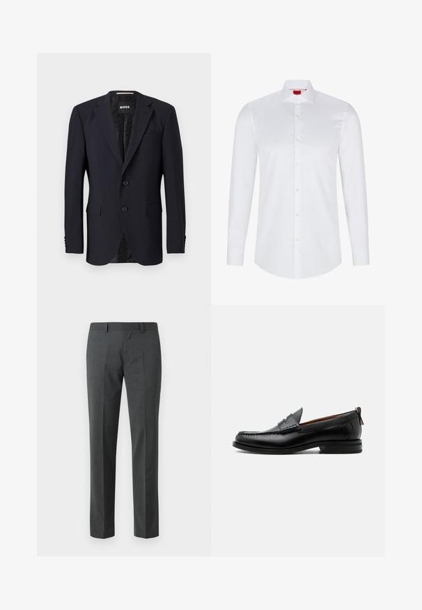 Marineblauwe blazer van textuurstof, met een sluiting met twee knopen, geknipte revers en twee voorzakken. Gevoerde binnenkant met patroon.; Witte lange mouwen knoopsluiting shirt gemaakt van soepel katoen. Beschikt over een klassieke kraag, volledige knoopsluiting en afgeronde zoom.; Donkergrijze op maat gemaakte broeken van een soepel textiel. Heeft rechte pijpen, een platte voorkant en riemlussen. Geen zichtbare patronen of accenten.; Zwarte leren herensloffen met moc toe stiksel, pennyriem, gestructureerde kraag en lage gestapelde hak op witte achtergrond.